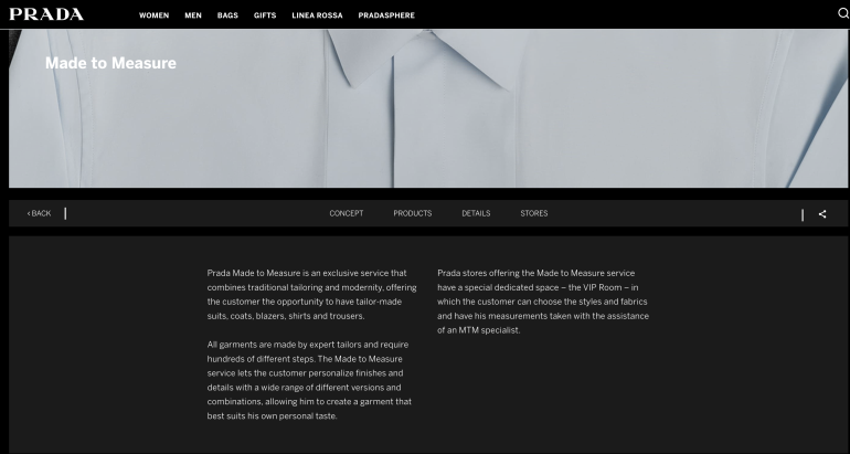 Prada made to measure service on their website
