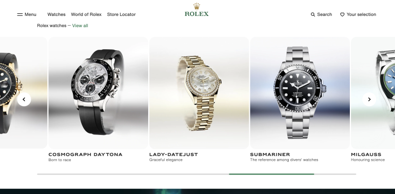 Rolex watches on its website