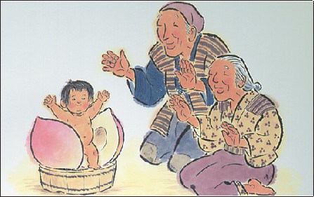 A depiction of Momotarō, a popular hero of Japanese folklore in which came to Earth inside a giant peach.