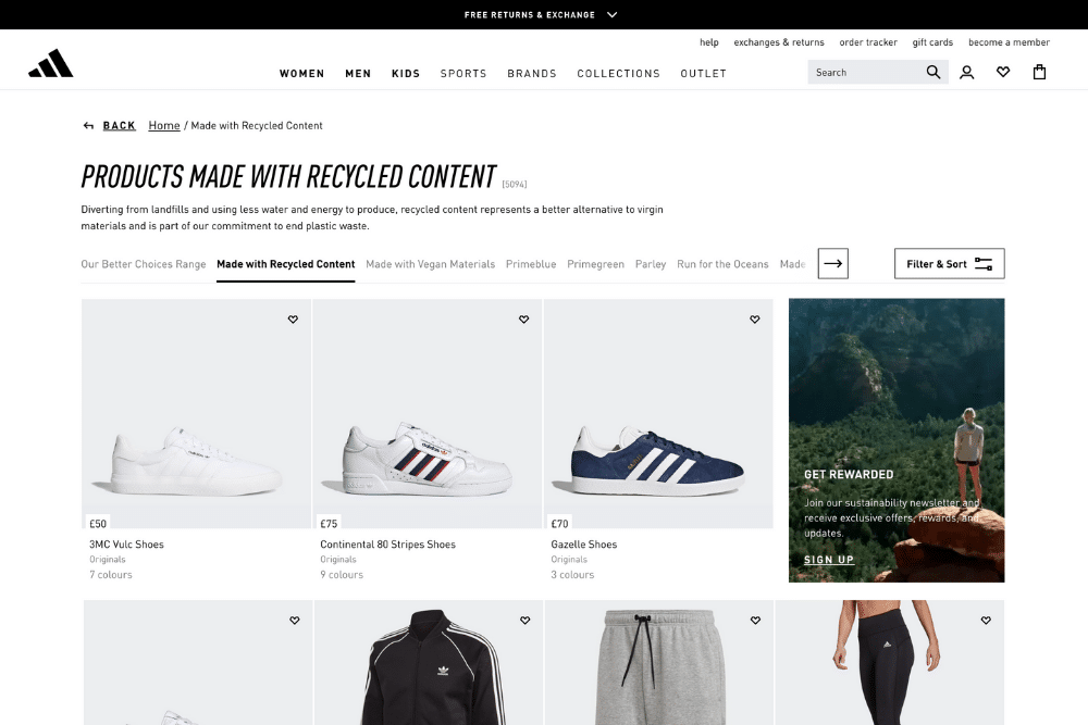 Adidas Sportswear - products made with recycled content category on their website